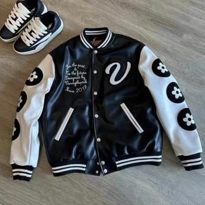 Hiver Noir Vandythepink Cuir Véritable Toile Imperméable Respirant Brodé Lettre Impression Baseball Jersey Street Patchwork - Product Image 5