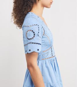 OEM última moda bordado cuello en V manga corta hueco señoras vestido de fiesta personalizado de moda Casual A-line Mini vestido para mujer - Product Image 3