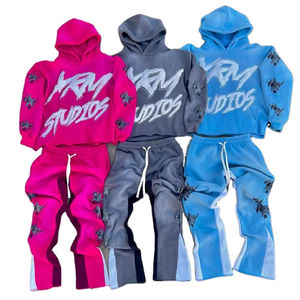 Conjunto de pantalones de chándal y Sudadera con capucha bordados desgastados con parche de ropa de calle chándal lavado con ácido desteñido al sol transpirable personalizado - Product Image 1