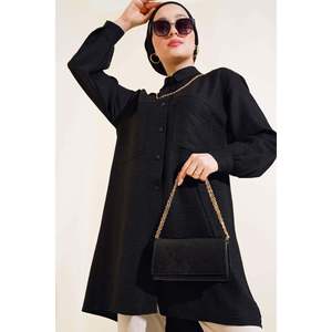 เสื้อลินินกระเป๋าคู่ลำลองสีดำ - Product Image 3