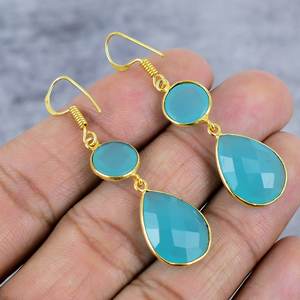 Aqua Chalcedony redondo y forma de pera piedra preciosa 925 plata esterlina chapada en oro pendientes colgantes pendientes de boda regalo para mujeres - Product Image 4