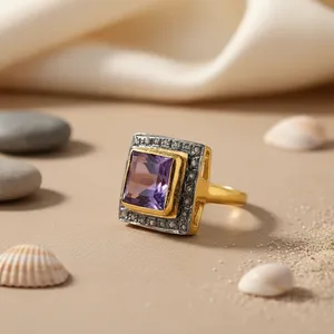 Pendientes de Amatista Cuadrados Geométricos con Engaste de Bisel Chapado en Oro, Joyería Fina Clásica para Mujer - Product Image 1