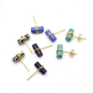 Natural Lapis Lazuli Tube <b>Stud</b> Earring Gold Plated Wire Wrapped Gemstone <b>Stud</b> Earring, Valentine Gift jewelry - Product Image 6