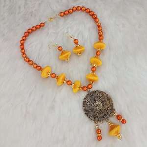 Jeweljunk 24K chapado en oro amarillo hilo collar conjunto fino Vintage joyería nupcial con granate y circón 1110635C - Product Image 1