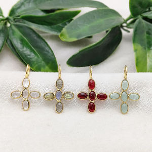 Pendentif croix religieuse en quartz aqua, pierre précieuse ovale minuscule, bijoux à breloques en plaqué or pour femmes - Product Image 2