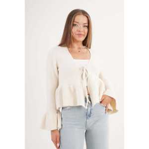 Cardigan blanc cassé pour femme avec détail volanté à nouer sur le devant – Vente en gros - Product Image 2