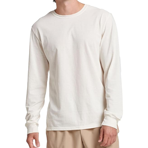 T-shirt en coton uni à manches longues et col rond pour homme, coupe classique, jersey décontracté, blanc, design simple - Product Image 1