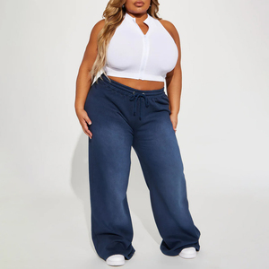 Pantalons de survêtement à jambes larges bleu foncé en gros, coupe décontractée, joggers avec logo personnalisé, pantalons de sport décontractés à taille haute, services OEM - Product Image 6