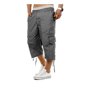 กางเกงขาสั้นแบบลำลองสำหรับฤดูร้อนของผู้ชายกางเกงกีฬาสีทึบมีกระเป๋าหลายกระเป๋าสไตล์วินเทจญี่ปุ่น - Product Image 1