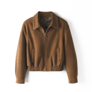 Moda mujer Vintage marrón gamuza solapa bombardero chaqueta cabra gamuza abrigo con bolsillos para Otoño Invierno - Product Image 5