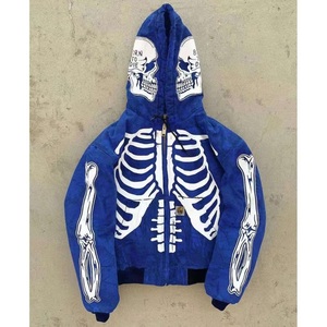 Men's New Fashion Street Wear Custom Logo Halloween Oversized <b>Hoodie</b> with <b>Skeleton</b> Thick Rhinestone Embroidered Zip-up Hoodies - Product Image 3
