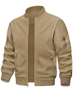 Blouson bomber kaki pour homme avec col côtelé assorti, fermeture éclair sur le devant, léger, décontracté, streetwear, vêtement d'extérieur, couleur beige kaki - Product Image 1