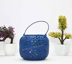 Fancy Hot <b>Blue</b> Powder Coating Flower Engraving Hanging Lantern Handi Cutout Flower Pattern Metal Lantern Home Decorative Lantern - Product Image 3