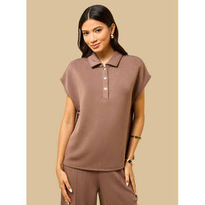 Chemisier décontracté pour femme en modal tricoté, à col, manches courtes, avec détail boutonné, coupe régulière, doux, imprimé numérique, OEM - Product Image 1