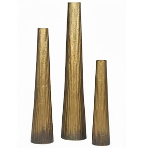 Modern Antique Brass Metal Floor <b>Vase</b> Set for Home Hotel Decoration Ribbed <b>Textured</b> Tapered Planter Decorative Hammered Accents - Product Image 1