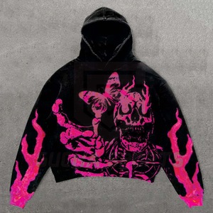 Sudadera con capucha térmica de gran tamaño de algodón 100% de peso pesado para hombre de marca OEM, ropa de calle de estilo Vintage de invierno, estampado de Calavera, lavado con ácido pesado - Product Image 1