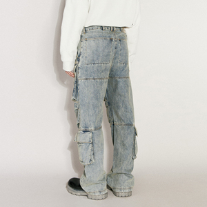 Pantalones vaqueros grises de algodón de tiro medio personalizados, carga pesada, acabado lavado a la piedra, diseño multibolsillo, construcción de Panel trasero de calle alta - Product Image 5