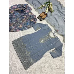 ชุดสูทออกงานสำหรับผู้หญิง ดีไซน์เนอร์ โดติ ซัลวาร์ เสื้อและผ้าคลุมไหล่ # 808080/ # 87CEEB สี ขนาด M-2XL - Product Image 1