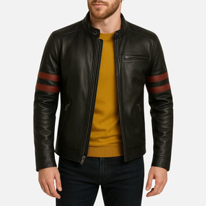 Chaqueta de cuero de motorista de piel de cordero auténtica a la moda negra para hombre, chaqueta Clásica de Invierno para motocicleta con cuello levantado - Product Image 1