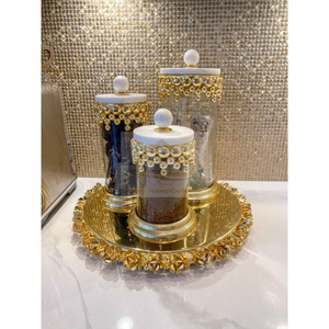 Handcrafted Fragile Canister Set of 3 Made of <b>Glass</b> and Metal Brown Color Floral Design <b>Food</b> <b>Storage</b> Container Best Selling - Product Image 2