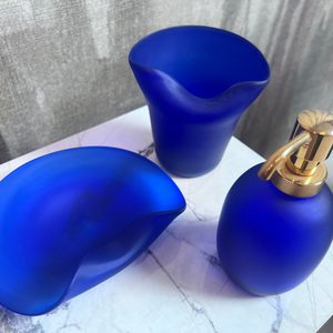 Three Piece Bathroom Set in Frosted Blue Murano Glass with Gold Pump Includes <b>Tumbler</b> Soap Dish and Dispenser Made in Italy - Product Image 4