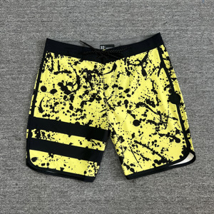 Men's Yellow Black Splatter Print Board Shorts Quick Dry Drawstring Waist Casual <b>Swimwear</b> with Side Stripe - Product Image 1