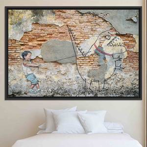 Tableau mural en toile imprimé graffiti garçon et dinosaure : design graphique moderne, toile encadrée noire - Product Image 1