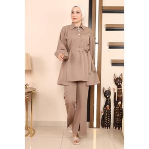 MSW19129-3 Conjunto casual de dos piezas con top midi de manga larga y cuello redondo, 100% poliéster, con dobladillo dividido - Product Image 1