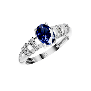 Exquisito anillo ovalado de piedras preciosas de zafiro, oro blanco o plata con detalles de diamantes, elegante diseño de banda dividida en metal precioso fino - Product Image 6