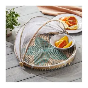 Seagrass natural cover with net tent for food protection round sea grass straw tray with foldable mesh