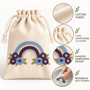 <b>Rainbow</b> Bliss Embroidered Cotton Drawstring Pouch 4.5 X 6.5 Inch 150 GSM Natural Small Reusable Eco-Friendly Jewelry Gift - Product Image 2