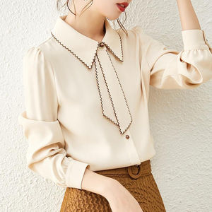 <b>Women</b> Spring 2025 New Office Lady <b>Shirts</b> Bow Doll Collar Tops Elegant Chiffon <b>Blouse</b> Loose Korean Chic Long Sleeve Casual <b>Shirts</b> - Product Image 3