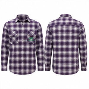 เสื้อเชิ้ตทำงานแขนยาวลายสก็อตสีม่วงขาวสำหรับผู้ชาย ผ้าฝ้าย สวมใส่สบาย พิมพ์ลายโลโก้ด้านหน้า - Product Image 1