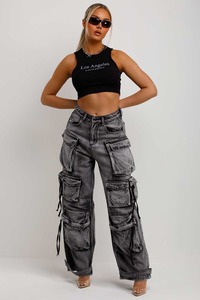 กางเกงยีนส์ทรงตรงสีเทาอ่อนแบบวินเทจ มีกระเป๋าคาร์โก้ สำหรับผู้หญิง เป็นมิตรกับสิ่งแวดล้อม แห้งเร็ว เอวยืดหยุ่น - Product Image 5