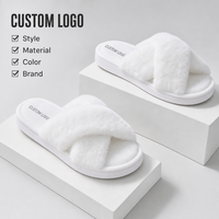 Pantoufles blanches en peluche à bout ouvert pour femmes, sandales d'intérieur à brides croisées, semelle EVA, douces, pour la maison
