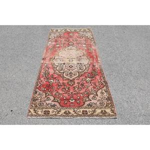Tapis Turc Vintage Classique Rouge Beige 3.2 X 6.9ft Grande Surface Laine Patchwork Latex Abstrait pour Adolescents Rectangle Couloir Design - Product Image 1
