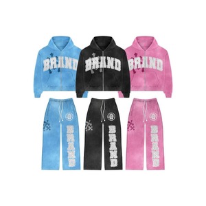 Streetwear personnalisé unisexe survêtements évasés au soleil délavés à l'acide sweats à capuche pantalons de survêtement impression DTG survêtement personnalisé pour hommes en détresse - Product Image 3