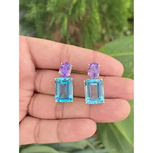 925 Sterling Silver <b>Drop</b> <b>Earrings</b> with Blue Topaz & Amethyst Fashion Jewelry - Product Image 4