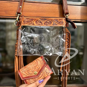 Nouveau vrai Western élégant fabriqué à la main en cuir usiné frange clair stade sacs couleur en cuir usiné changement de pièce porte-clés portefeuilles - Product Image 1