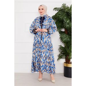 Vestido Hijab de satén de viscosa con estampado abotonado Cintura imperio Cuello alto Media manga Longitud Moda islámica para el verano - Product Image 5