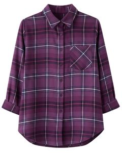 Chemise ample à carreaux pour femme, violette, à manches longues, en flanelle, style tunique décontractée, douce, automne-hiver, vente en gros - Product Image 1