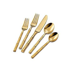 Ensemble de couverts en acier inoxydable écologique le plus vendu 5 pièces couverts de dîner en or avec poignée de style en bambou pour la cuisine et les mariages - Product Image 1