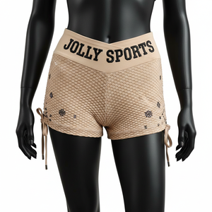Shorts de sport pour femme, 220 GSM, polyester et élasthanne, maille nid d'abeille beige, taille haute, logo brodé personnalisé. - Product Image 6
