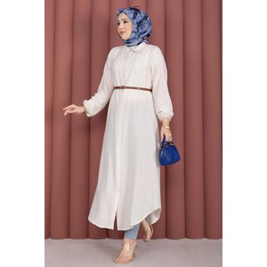 Túnica de Lino Crema para Mujer, con Botones, Diseño Holgado para Oficina, Temporada Primavera/Verano, Disponible en Talla XL - Product Image 1