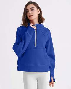 Sweat à capuche personnalisé de haute qualité pour femmes doublé polaire demi-fermeture éclair pull en coton hiver chaud sweat avec poche trou pour les pouces - Product Image 6
