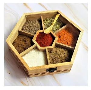 Boîte à épices et support Boîte Masala en bois pour la cuisine Masala Dabba Boîte de rangement pour pots à épices avec couvercle en métal et cuillère pour épices de cuisine - Product Image 1