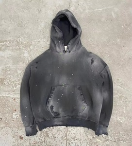 Oversize Cropped in Splatter <b>Black</b> Dye Vintage Wash Hoodie Unisex Fit Drop Double Layers Hood <b>Fleece</b> Hoodie Outdoor Use - Product Image 1