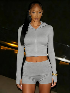 Conjunto Deportivo de Invierno de 2 Piezas para Mujer, Chaqueta con Capucha y Cierre + Pantalones Cortos a Juego, Sólido, Simple, Básico, Clásico, Sexy, Elástico, Ajustado - Product Image 4