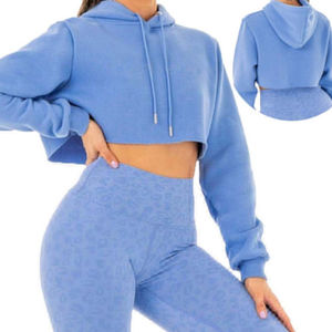 Haute qualité femmes 100% coton polaire à capuche personnalisé couleur unie écologique Streetwear court haut court hiver à capuche - Product Image 1