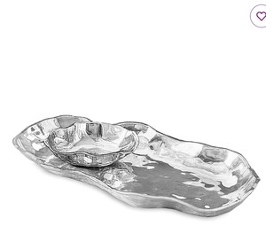 striking sculptural form platter Aluminum metal nickel plated <b>silver</b> polish chip and <b>dip</b> bowl 18X9X2 Inch Luxury collection - Product Image 1